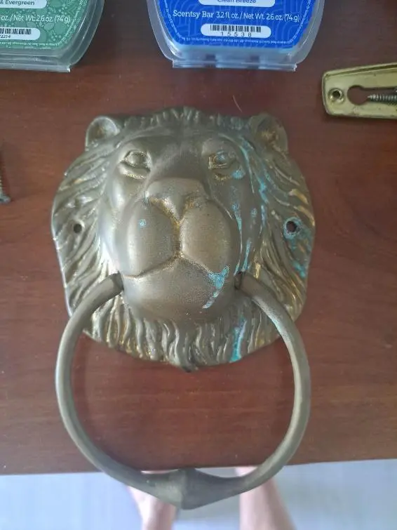 Antique lion head door knocker mounted on a wooden surface, featuring intricate detailing and a prominent ring.